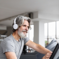 older man riding a stationary bike